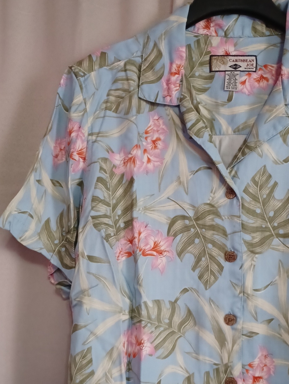Vintage Caribbean Joe Women's Plus 2X Tropical Hawaiian Shirt Pastel Blue Pink - Picture 4 of 14